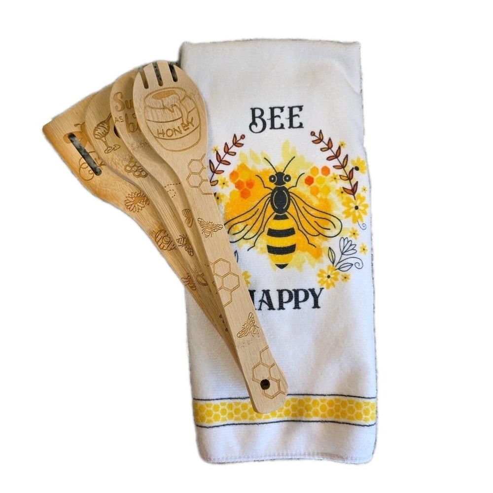 4pc Honey Bee Bamboo Wooden Spoon Set‎ Kitchen Utensils & Dish Towel